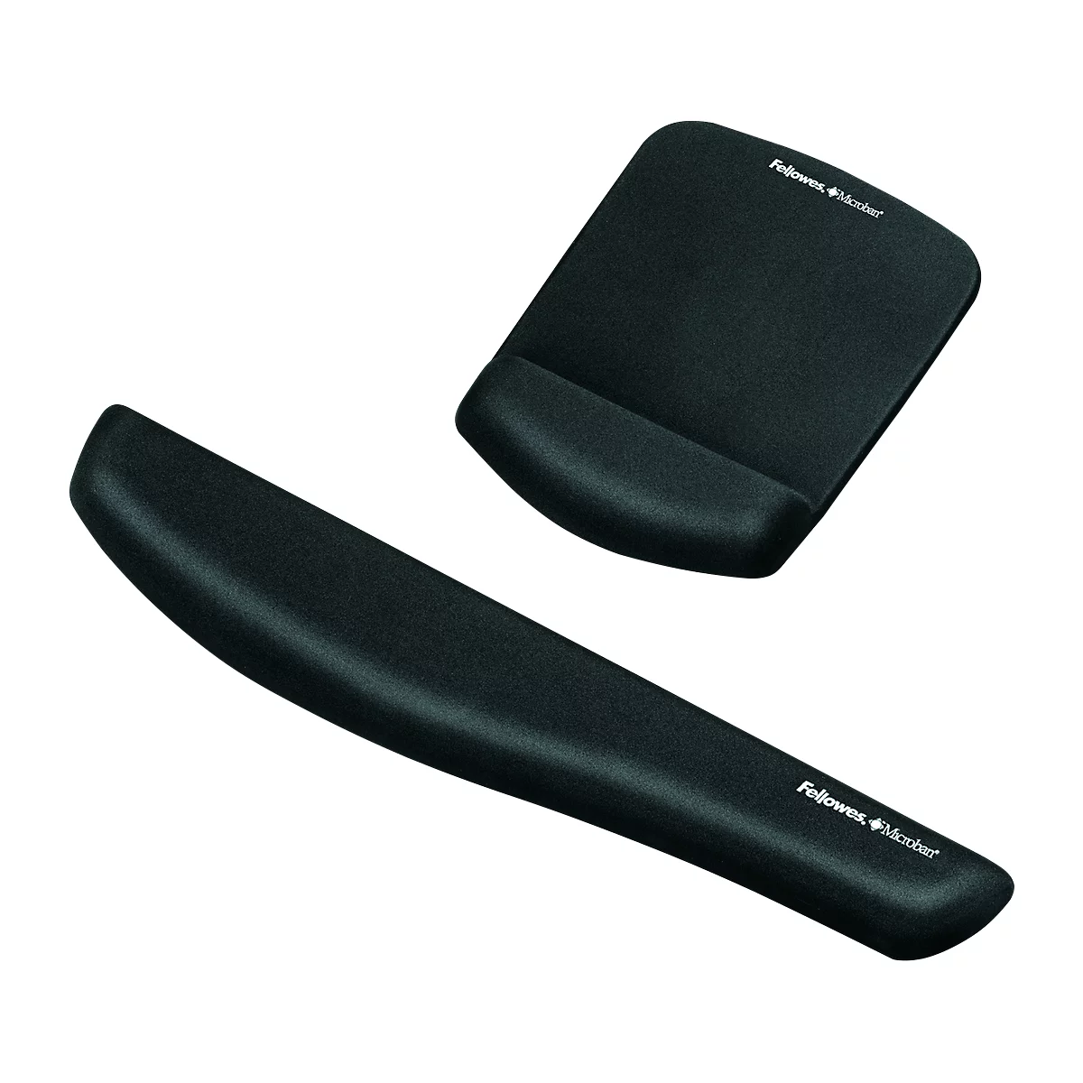 Two black Fellowes mouse pads, one with wrist rest, the other as a long rest.