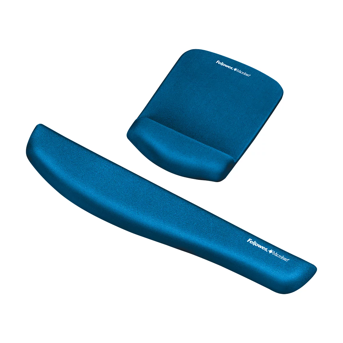 Blue Fellowes mouse pad and wrist rest. Both have rounded shapes.