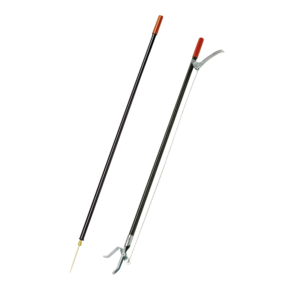 Two telescopic grab tools: one with a gripper and the other with a tip. Black handles, red ends, white background.