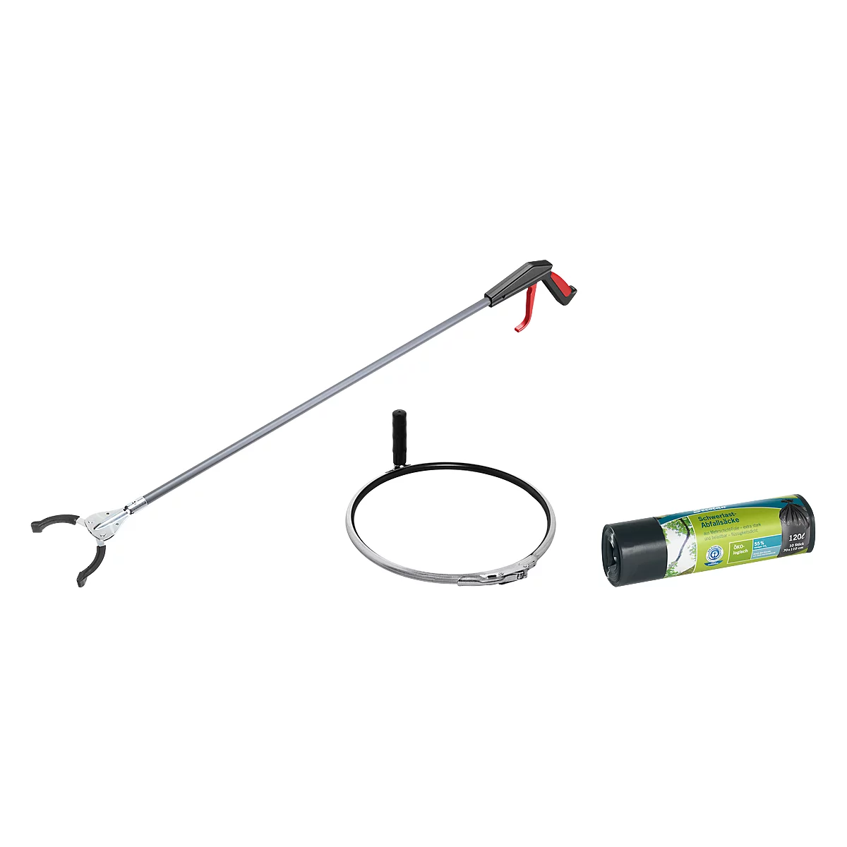 Garbage picker, trash bag holder and trash bag, ready for collecting trash.