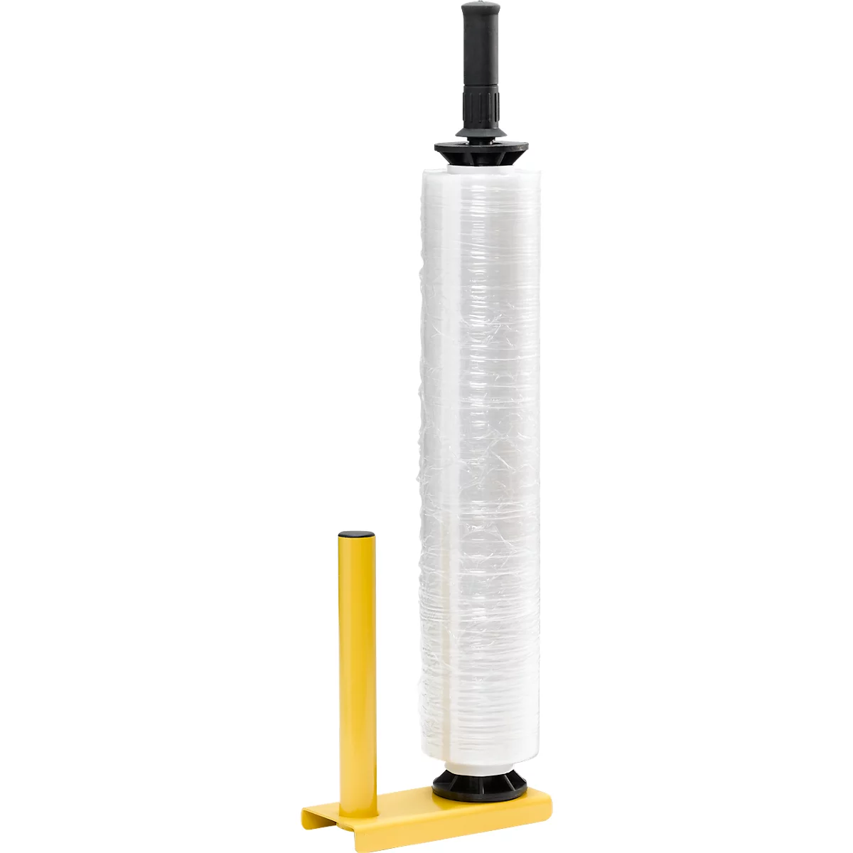 Yellow device with film roll. Black handle, yellow base, transparent film.