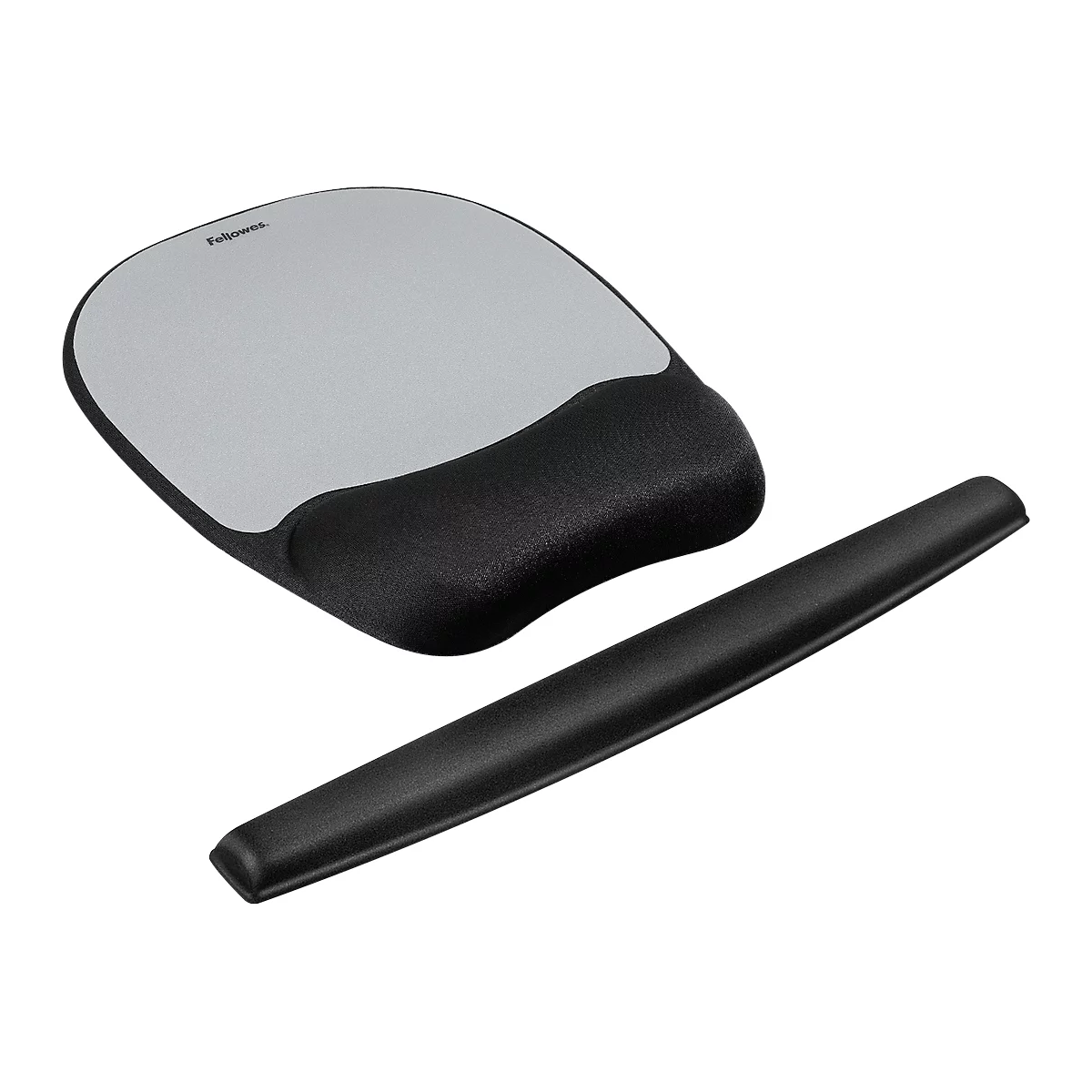 Gray mouse pad with wrist rest and black palm rest. The mouse pad has the Fellowes logo.