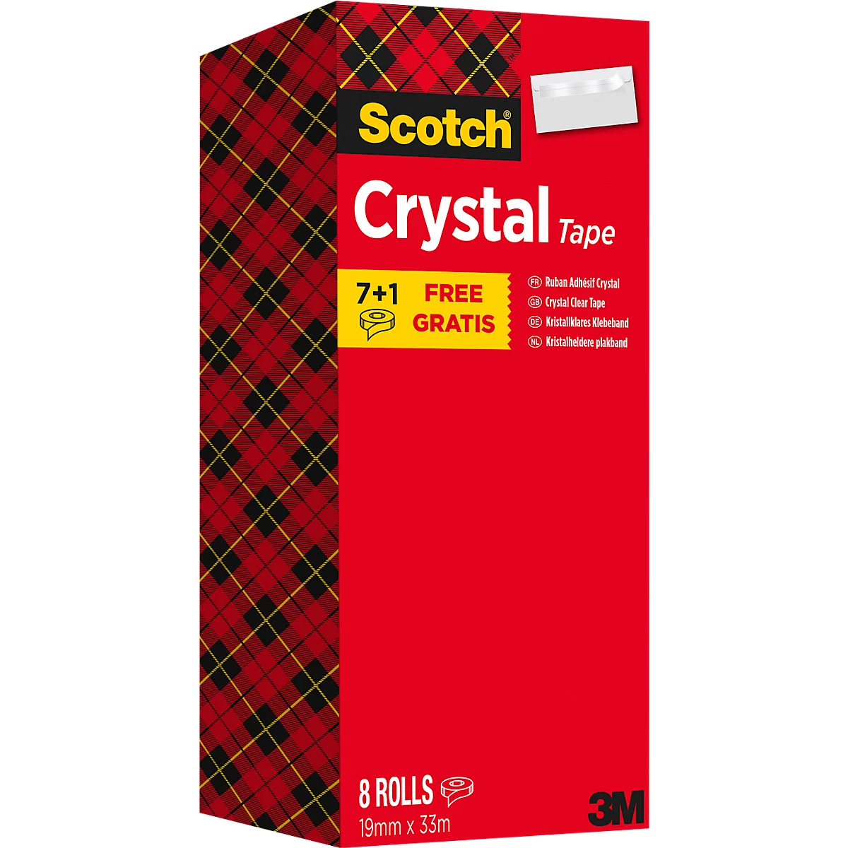 Red box with "Scotch Crystal Tape" written on it, 7+1 free. Plaid pattern on the left, text in multiple languages on the right.
