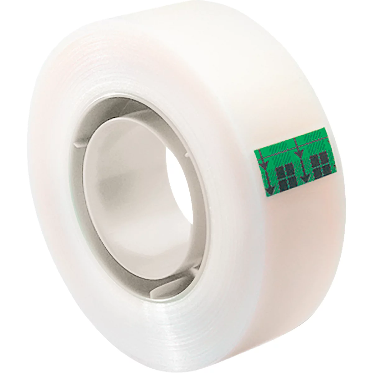 A transparent tape roll with a green sticker.