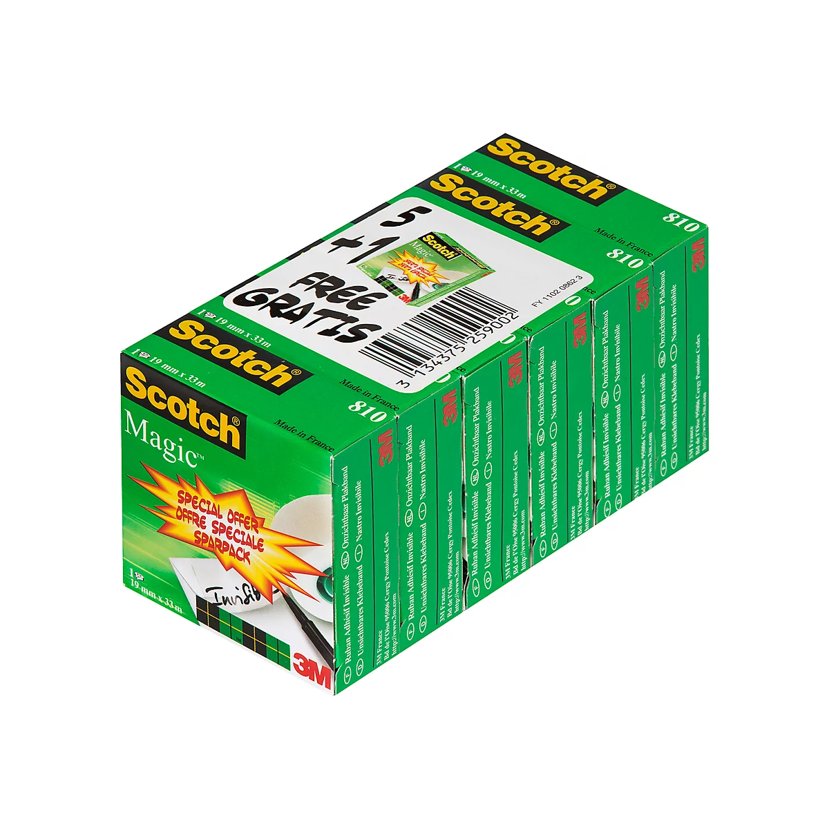 A green box of tape rolls with "Scotch Magic" and "Free" on it. A pen is on the package.