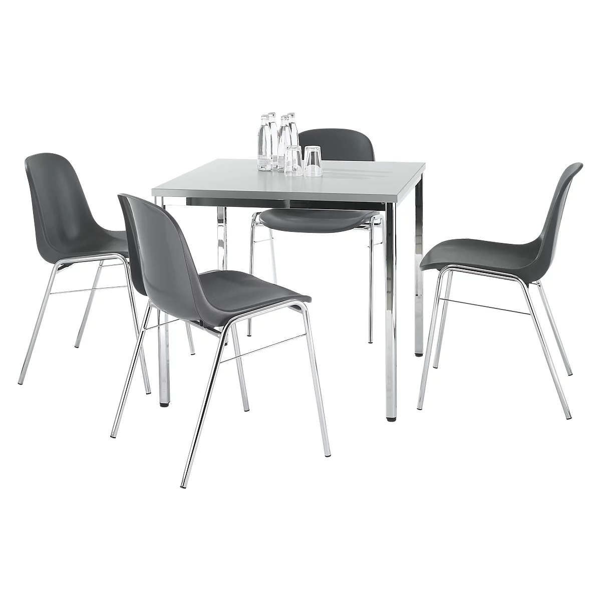 Grey table with four chairs. Water bottles and glasses are on the table.