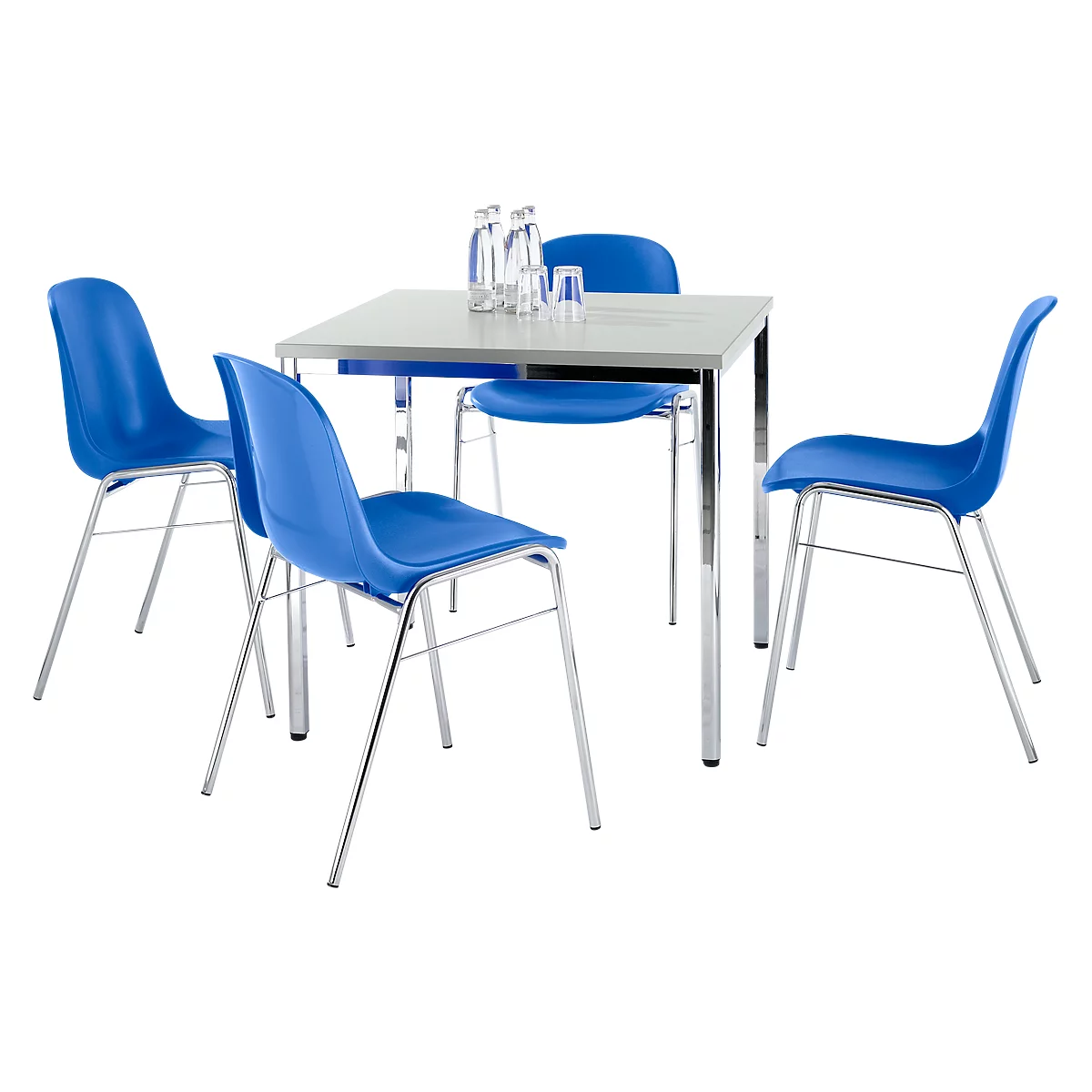 Dining table with four blue chairs. Bottles and glasses are on the table.