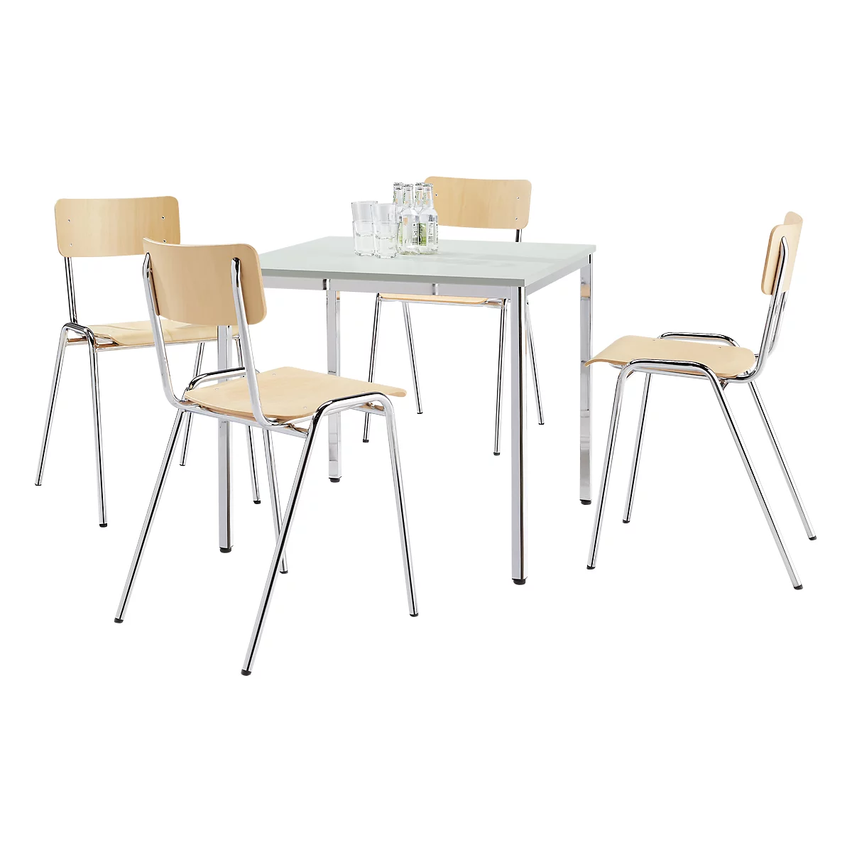 Economy set stapelstoelen, beukenhout, afmetingen zitting B 452 x D 500 x H 803 mm, 4 stuks + vergadertafel, lichtgrijs, B 800 x D 800 x H 720 mm