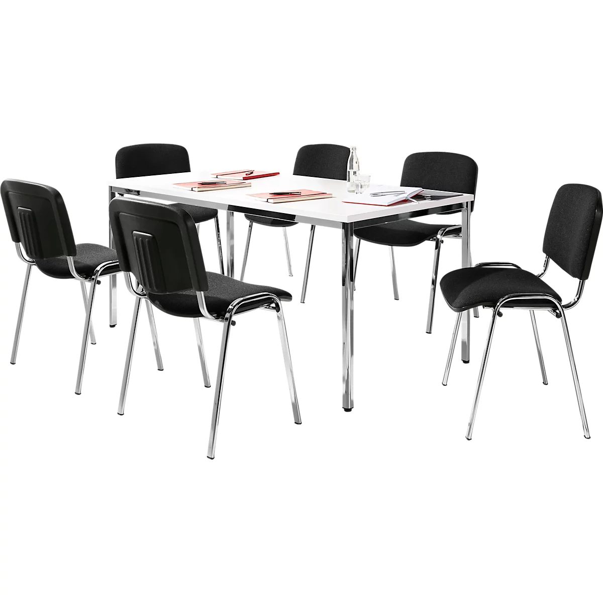Economy set stapelstoelen ISO Basic, bekleding stof zwart, afmetingen zitting B 475 x D 415 x H 470 mm, 6 stuks + vergadertafel, wit, B 1600 x D 800 mm
