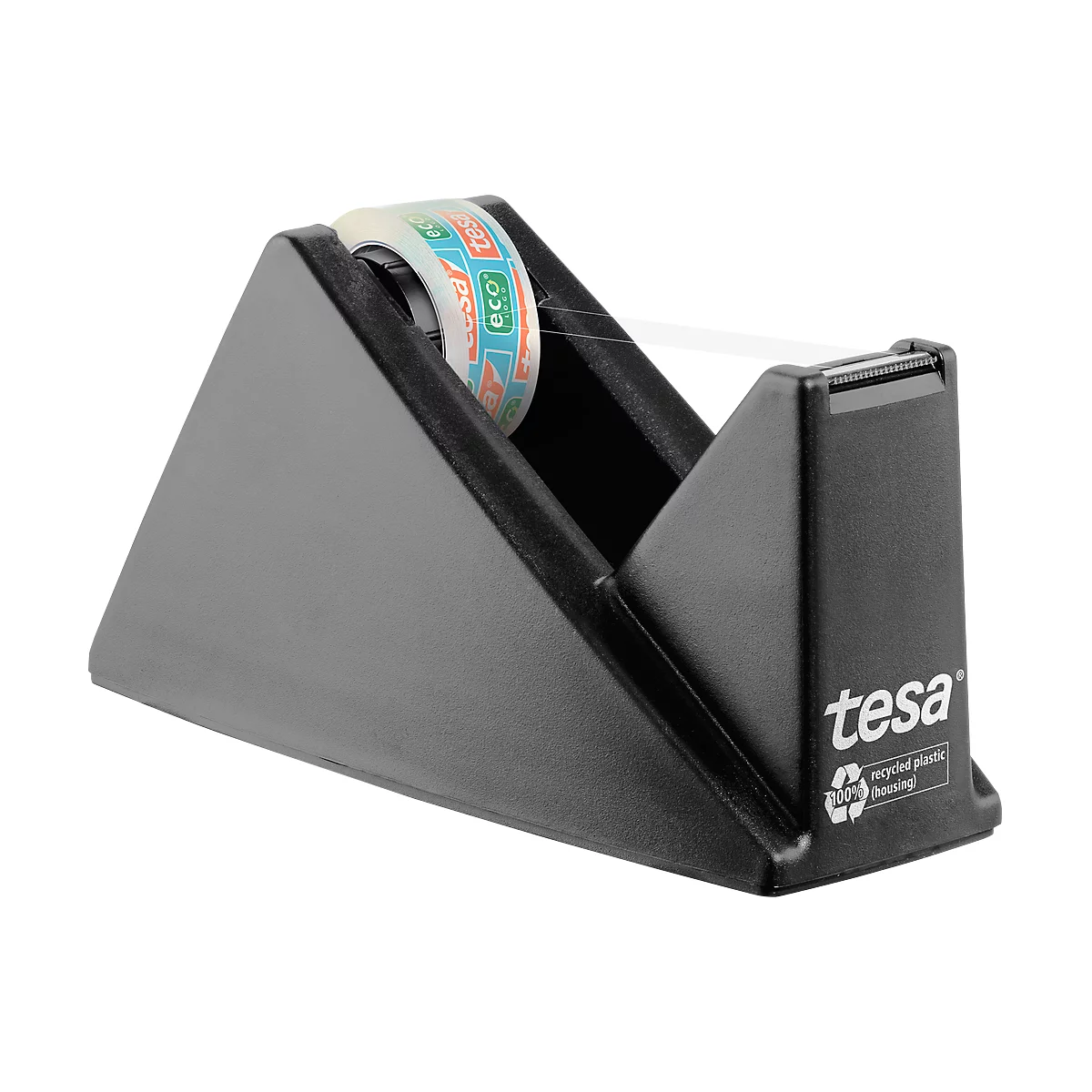 Black tesa tape dispenser with a roll, labeled with logo and recycling information. Transparent tape is being unrolled.