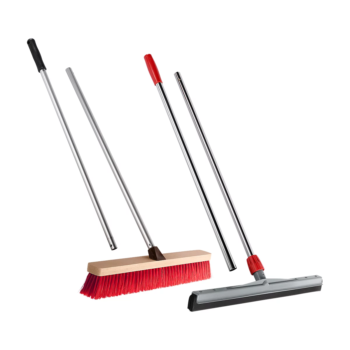 Broom and squeegee, metal handles, red bristles, wiper blade.
