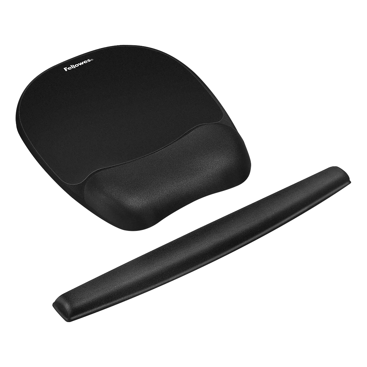 Black ergonomic mouse pad with wrist rest and separate palm rest.