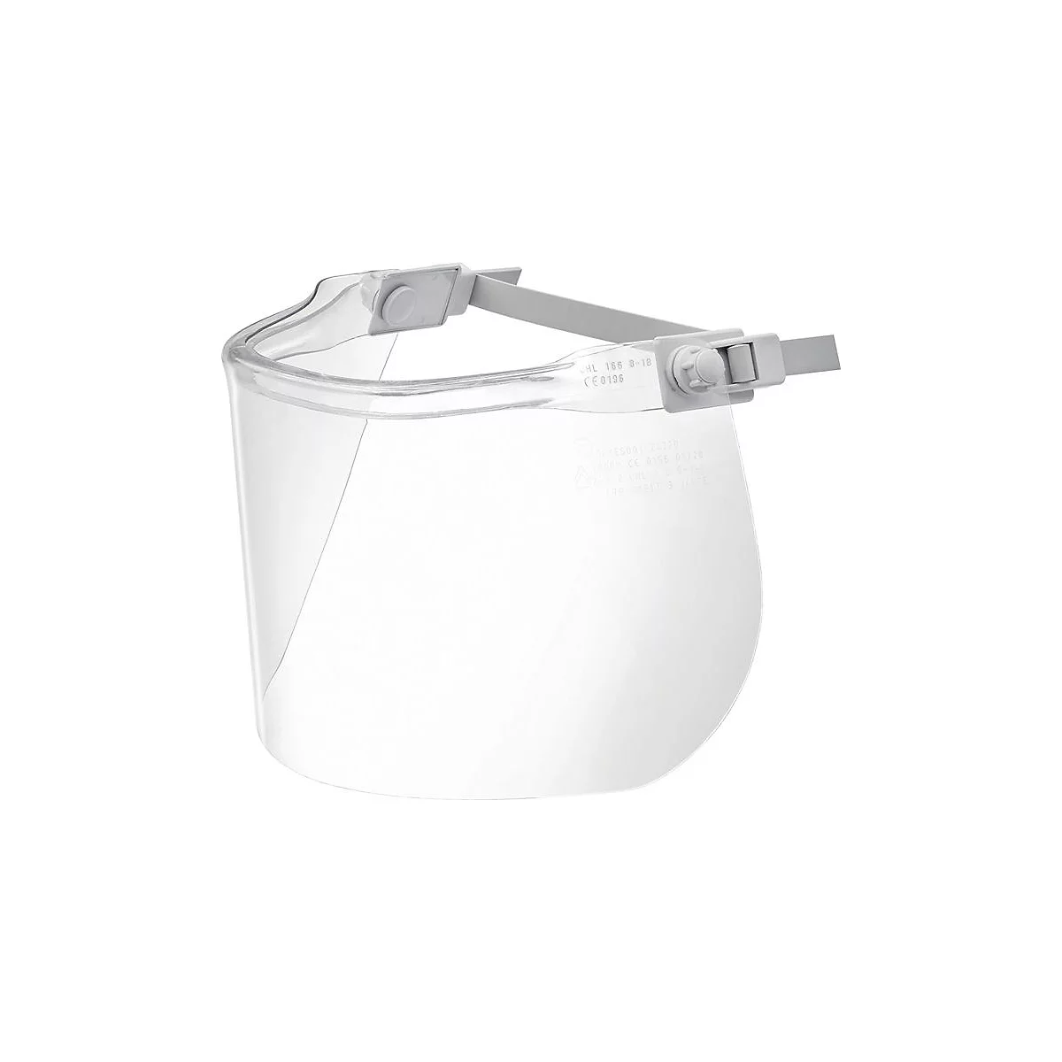 Visière transparente avec bandeau gris et détails.