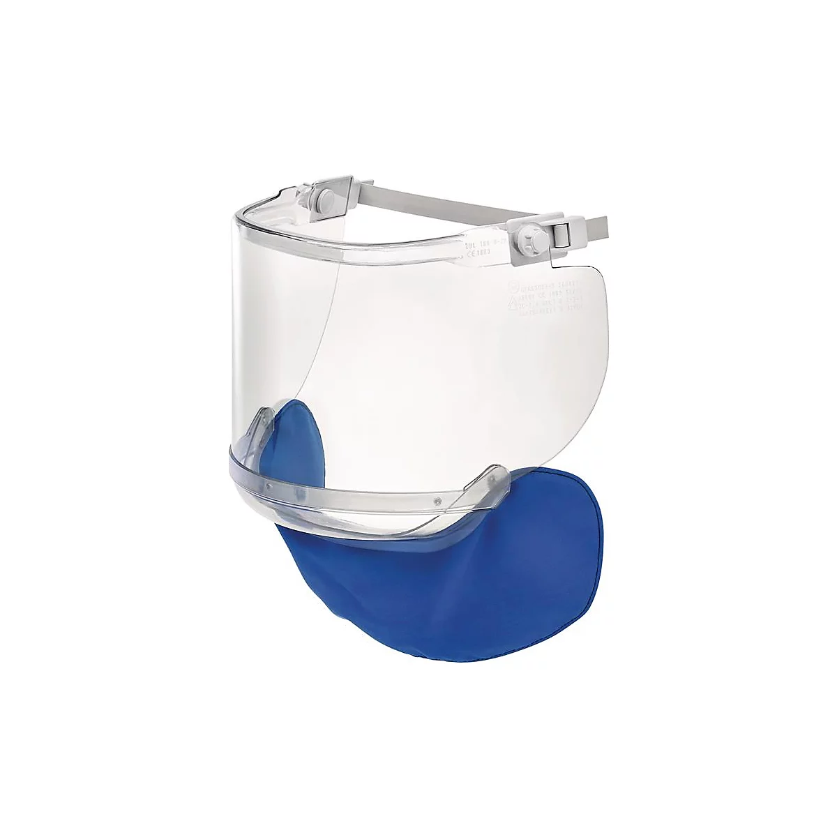 Visière de protection en plastique avec mentonnière bleue et bandeau réglable.