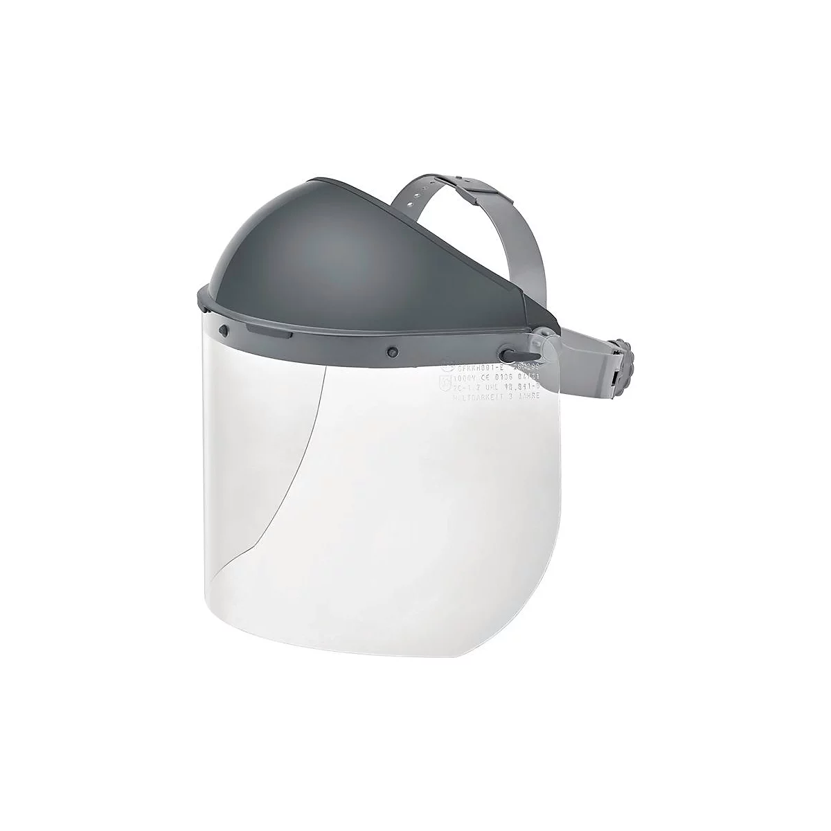 Masque de protection gris avec visière transparente et bandeau. La visière est transparente.