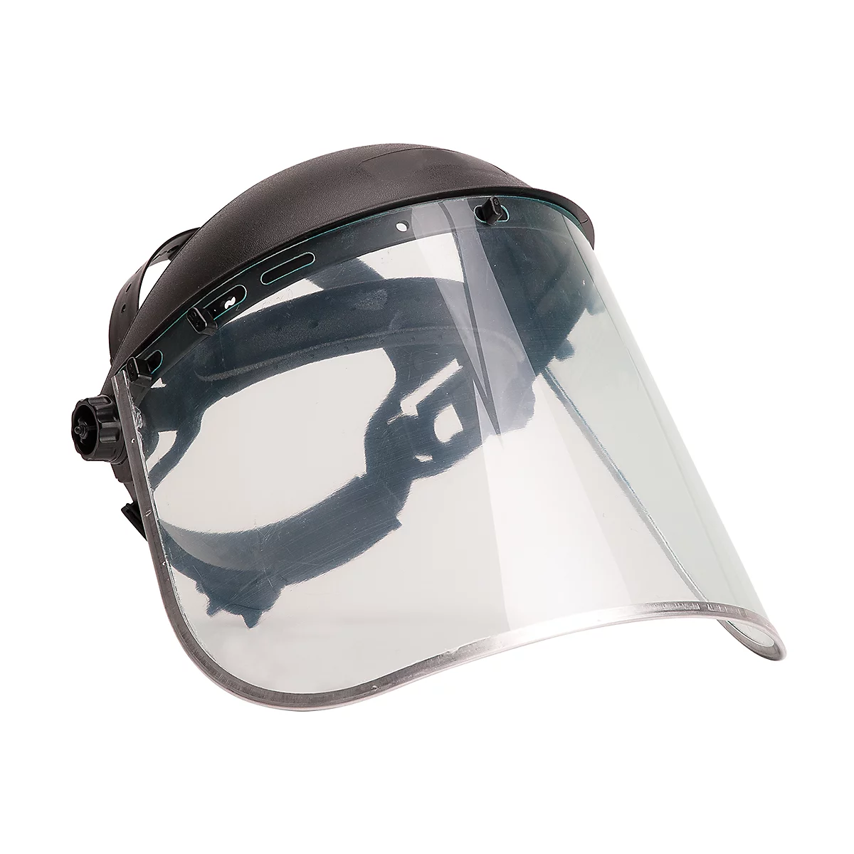 Visière de protection noire avec visière transparente et incurvée. Similaire à un casque, sur fond blanc.