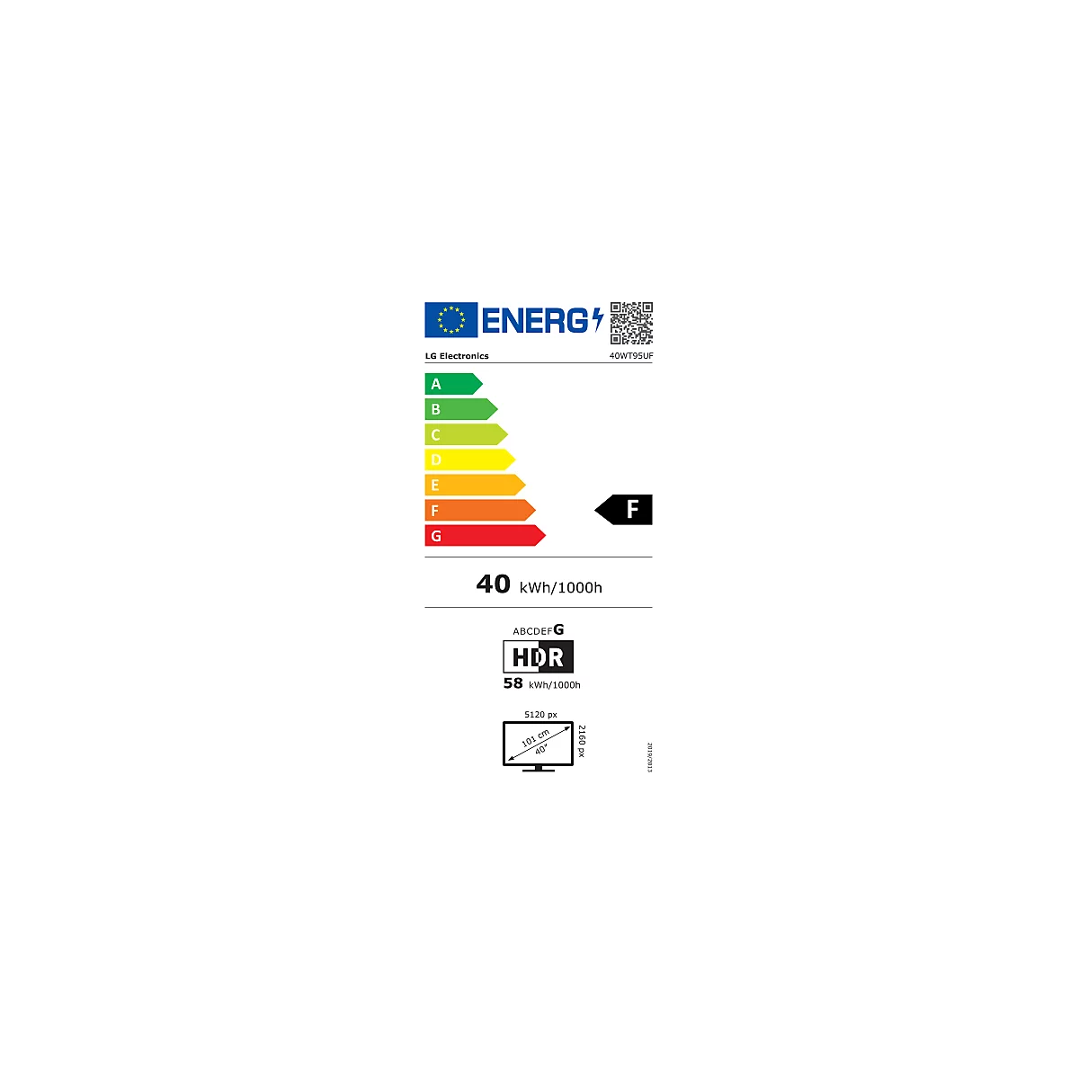 Étiquette énergétique UE pour téléviseur LG, classe F, consommation d'énergie 40 kWh/1000h.