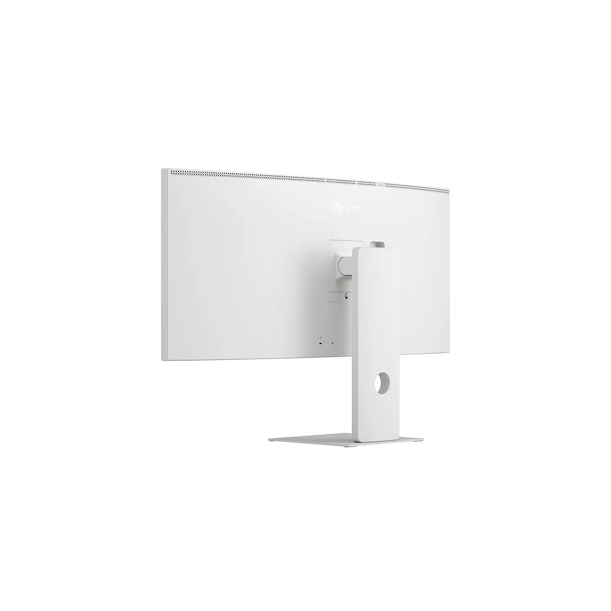 Vue arrière blanche d'un moniteur LG avec pied sur fond clair.