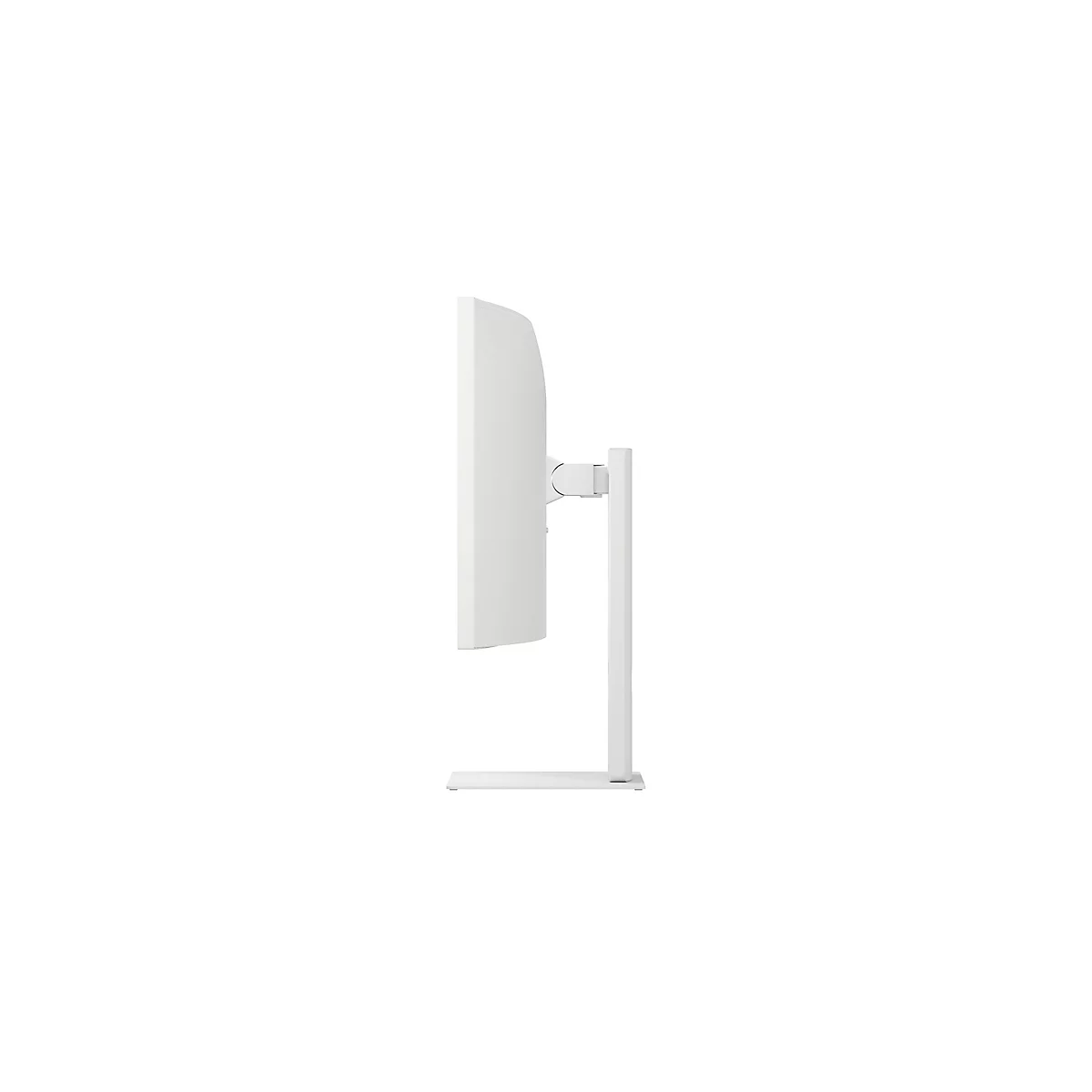 Vue latérale d'un moniteur blanc sur un pied fin sur fond blanc.