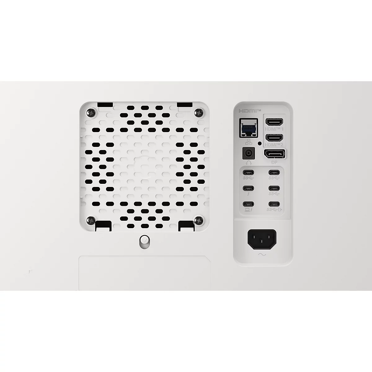 Vue arrière d'un appareil blanc avec une grille de ventilation et divers ports.