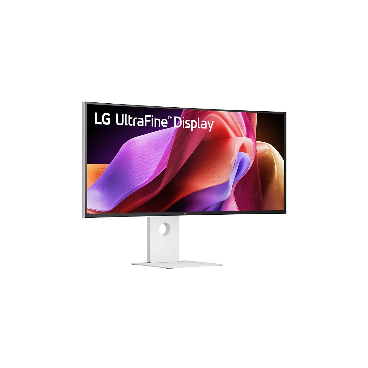 Moniteur incurvé LG UltraFine sur support blanc sur fond neutre.