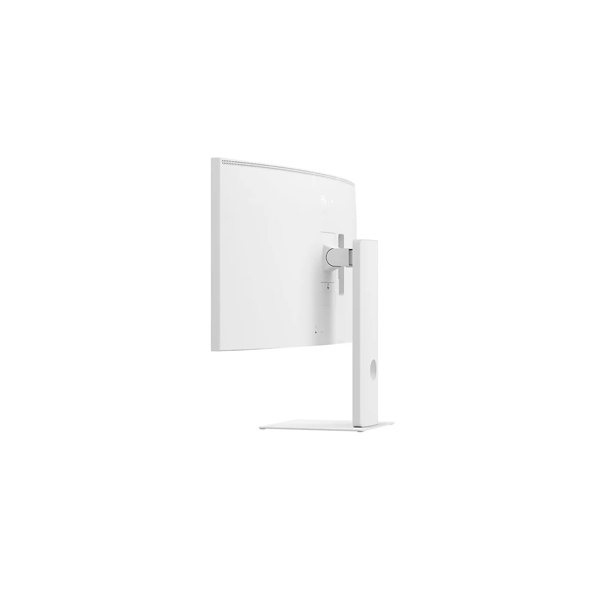 Vue arrière blanche d'un moniteur incurvé sur pied devant un fond blanc.
