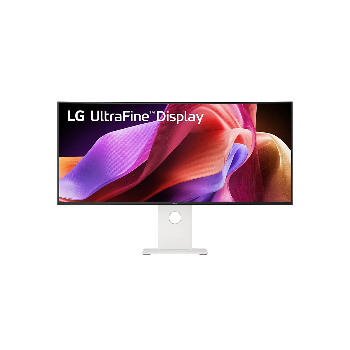 Écran LG UltraFine Display avec un fond d'écran abstrait et coloré sur un pied clair.