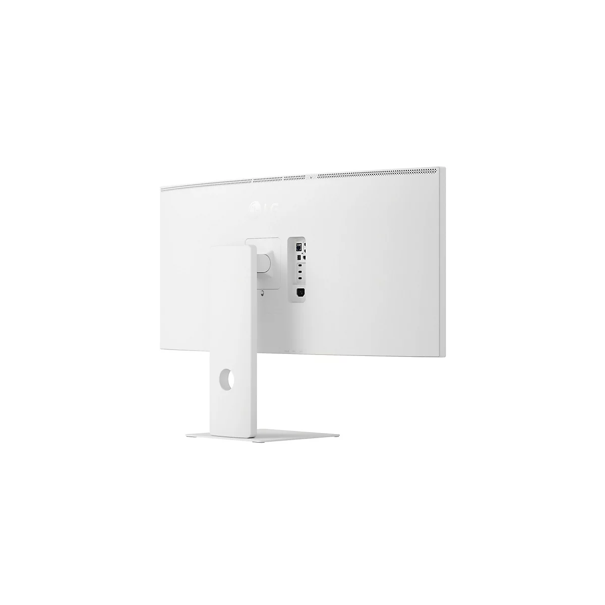Vue arrière d'un moniteur LG blanc sur pied avec ports visibles.