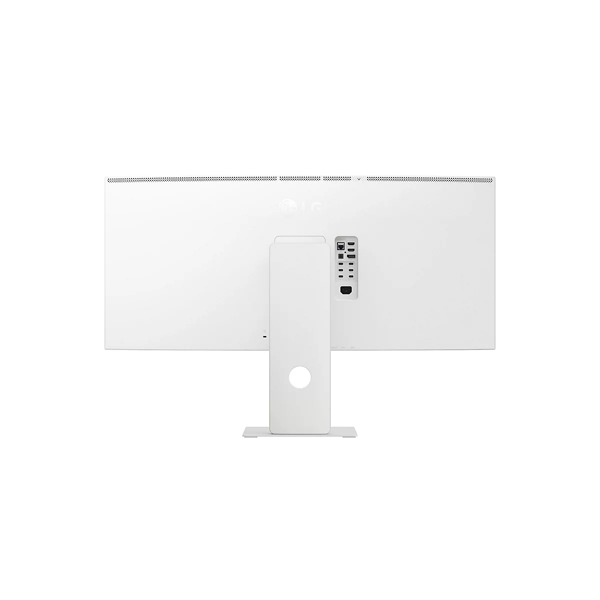 Vue arrière d'un moniteur LG blanc avec socle et ports visibles sur fond blanc.