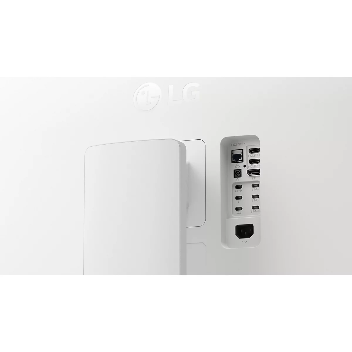 Dos d'un écran LG blanc avec les ports de connexion et le logo visibles.