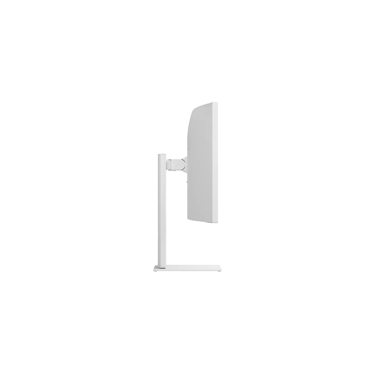 Vue latérale d'un écran d'ordinateur blanc et fin sur un support moderne sur fond blanc.