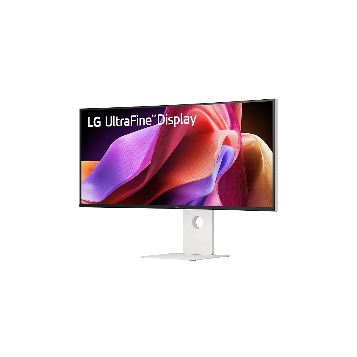 Moniteur LG UltraFine sur fond blanc, affichant un graphique abstrait et coloré.