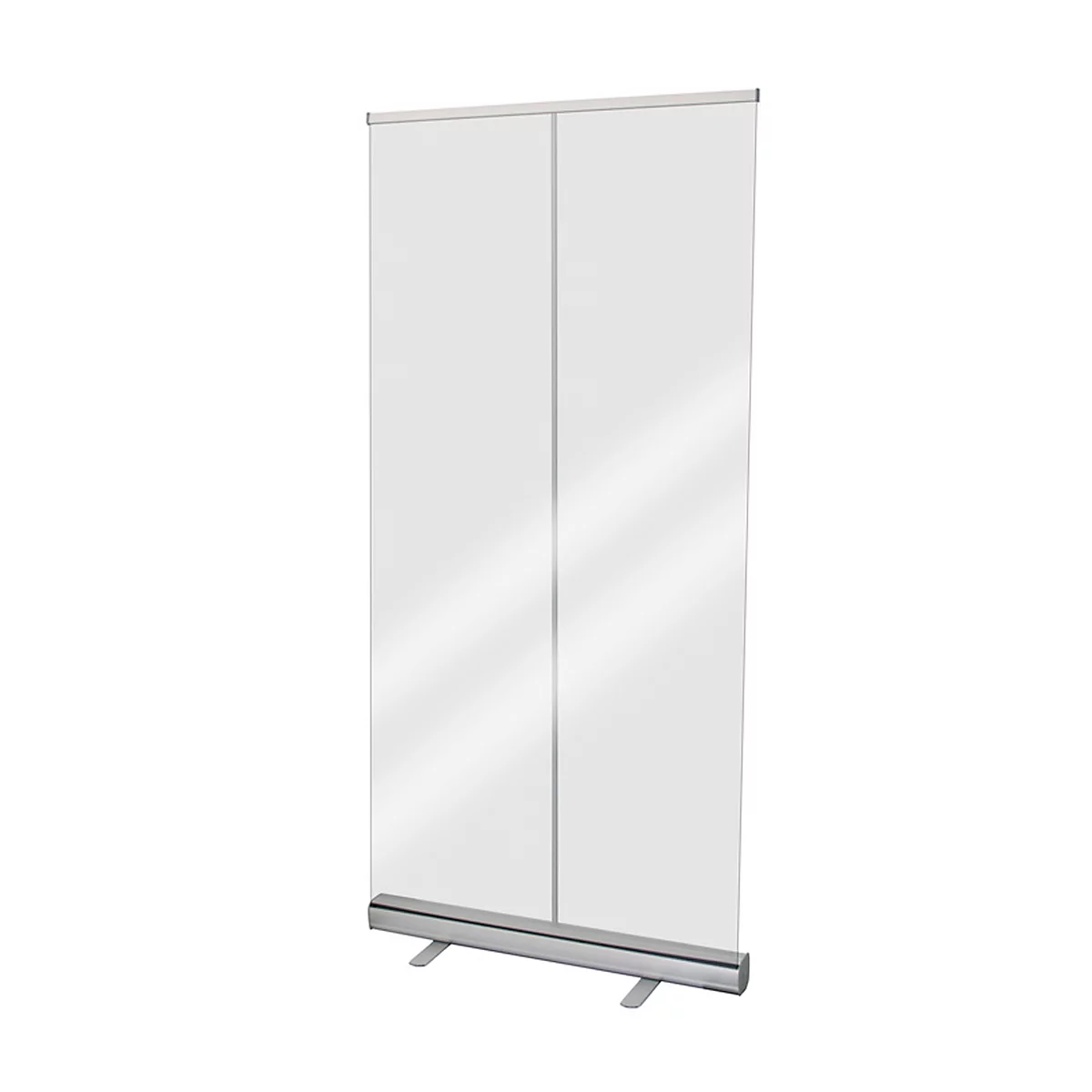 Écran transparent enroulable pour protection hygiénique, avec cassette en aluminium avec pieds, L 1000 x P 200 x H 2200 mm
