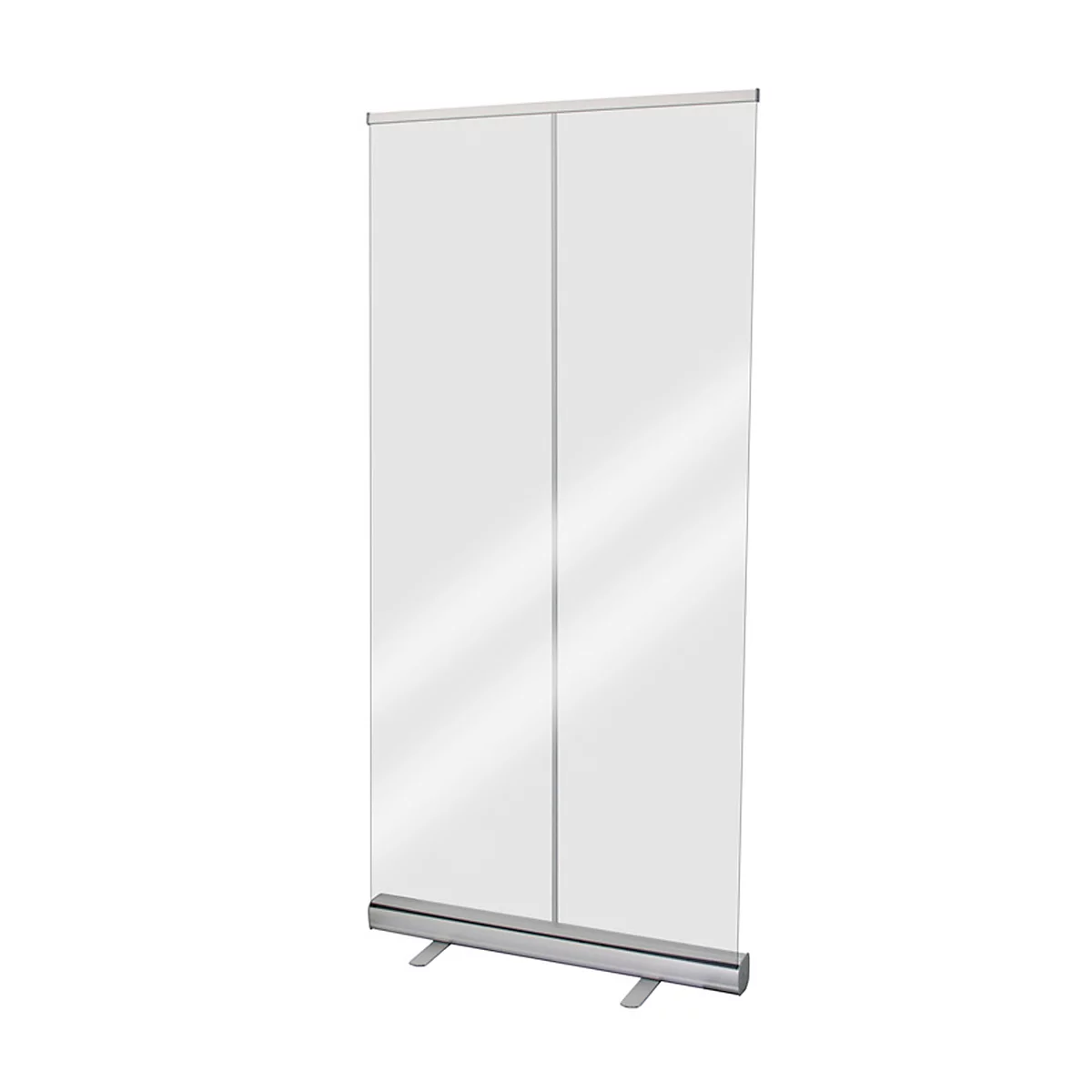 Écran transparent enroulable pour protection hygiénique, avec cassette en aluminium avec pieds, L 850 x P 200 x H 2200 mm