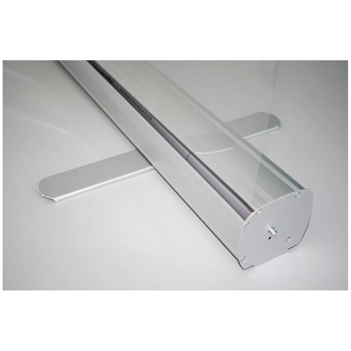 Écran transparent enroulable pour protection hygiénique, avec cassette en aluminium avec pieds, L 850 x P 200 x H 2200 mm