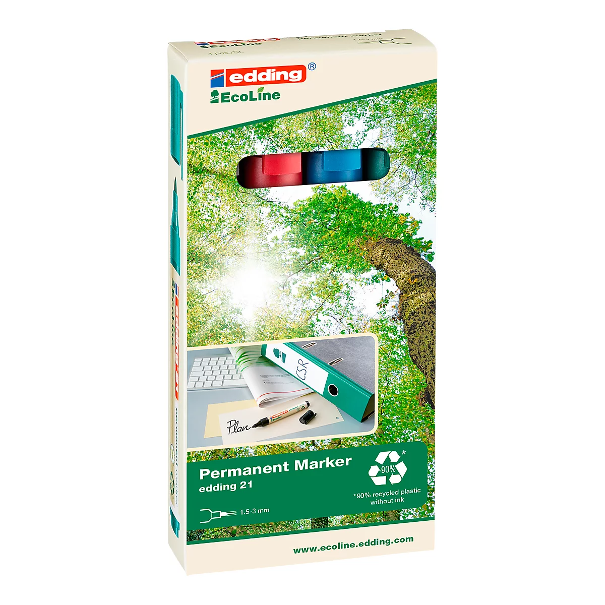 Edding 21 EcoLine Permanentmarker, nachfüllbar, Rundspitze, 4-er Set