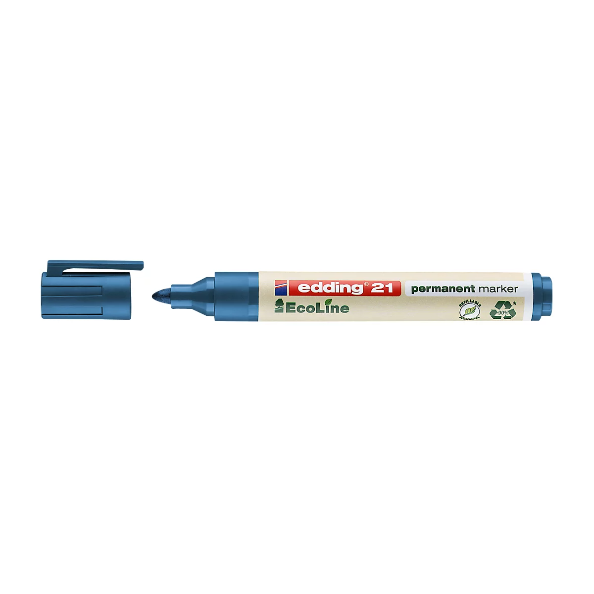 Blauer Edding-Permanentmarker mit offener Kappe. Aufschrift: Edding 21, Ecoline, Permanent Marker.