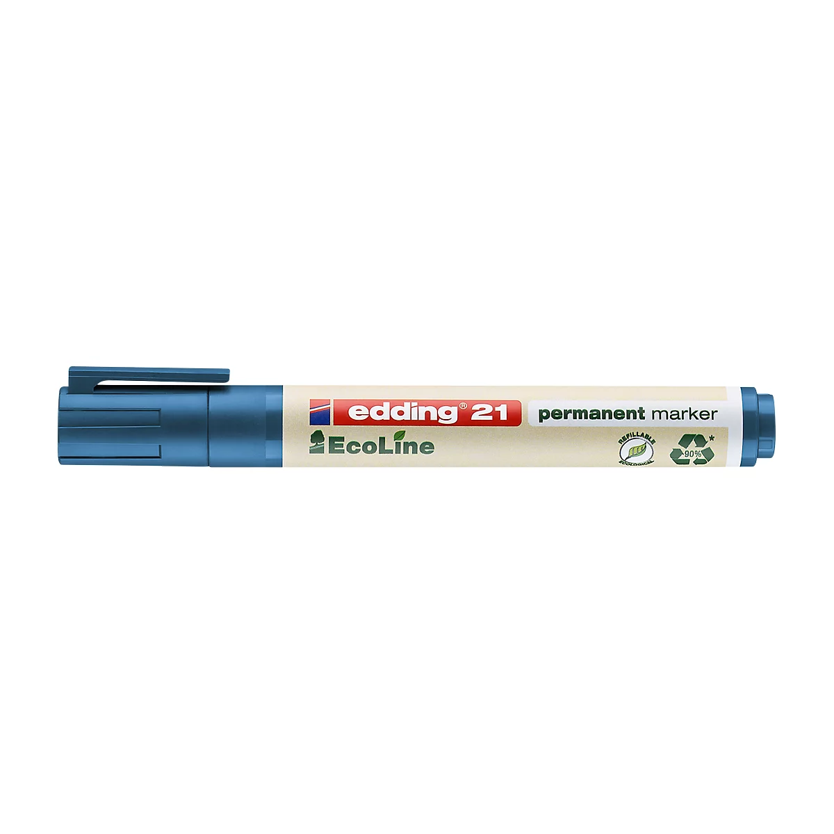 Blauer Edding Permanentmarker, Schriftzug "edding 21 permanent marker", Ecoline.