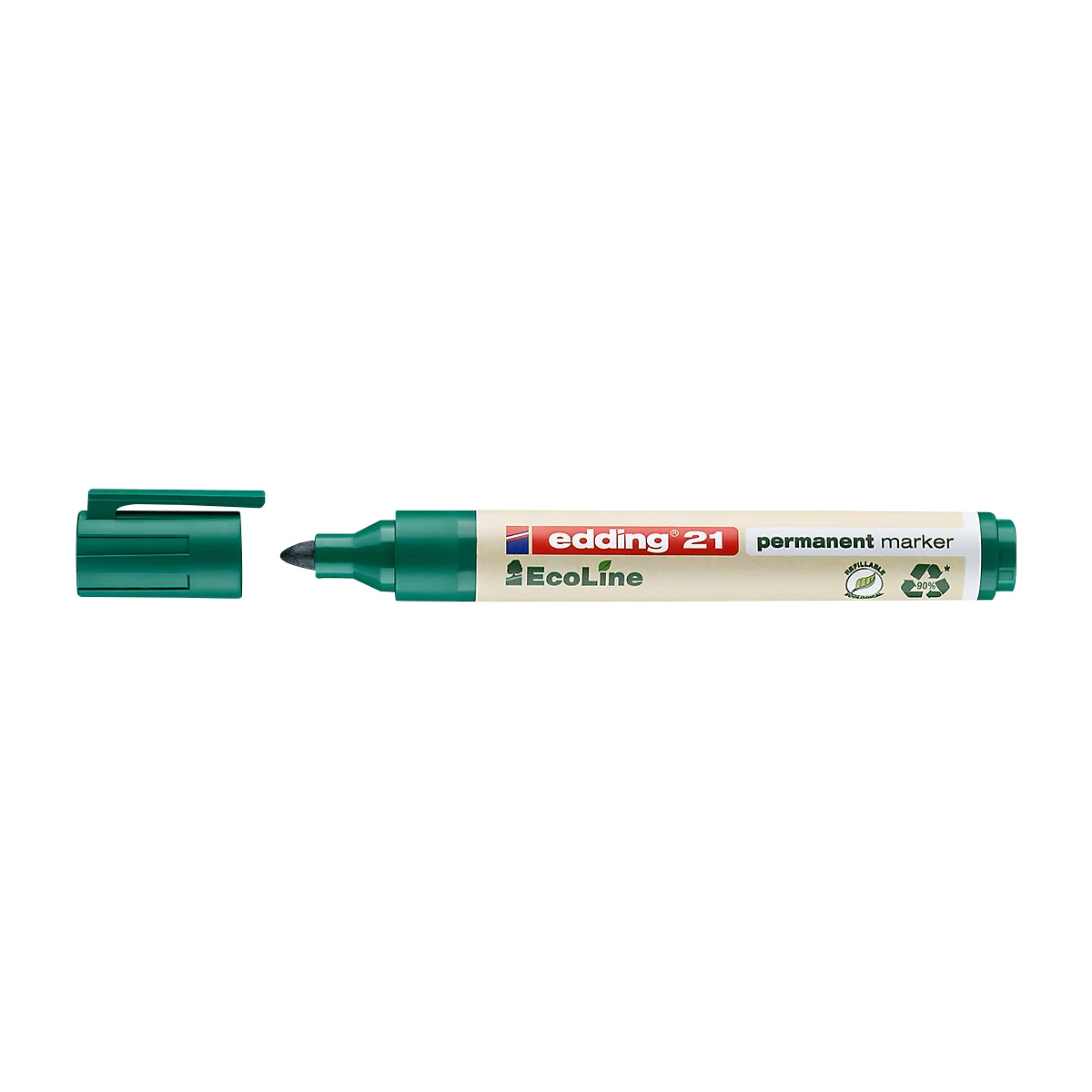 Ein grüner Edding-Filzstift, der Deckel ist abgezogen. Auf dem Stift steht Edding 21 und permanent marker.