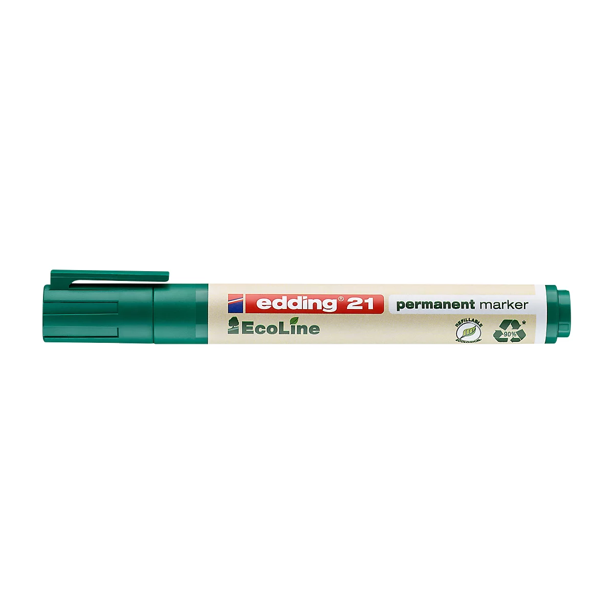 Grüner Permanentmarker mit Aufdruck 'edding 21' und 'Ecoline'.