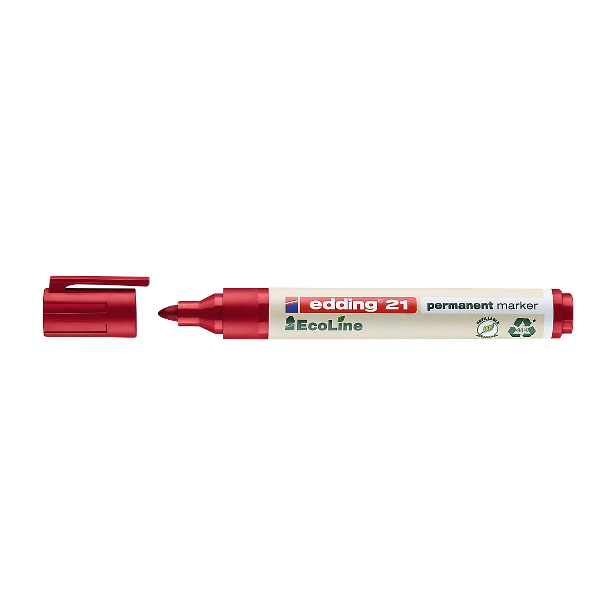 Ein roter Edding-Permanentmarker mit geöffneter Kappe.