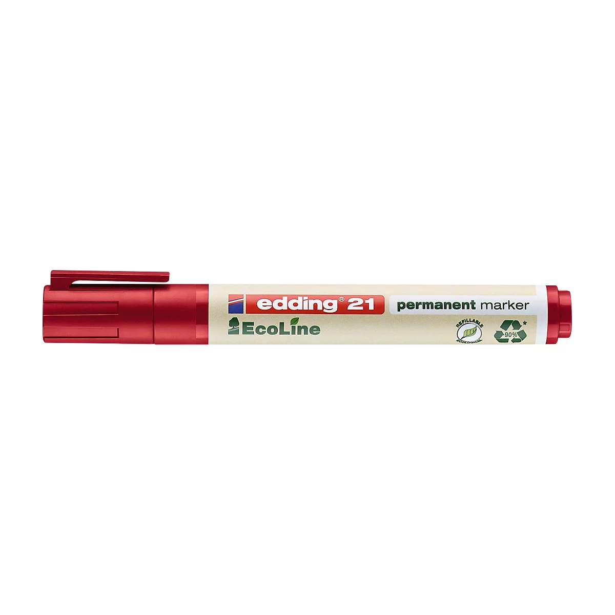 Roter Edding 21 Permanentmarker mit rotem Verschluss, auf dem "edding 21 permanent marker" steht.