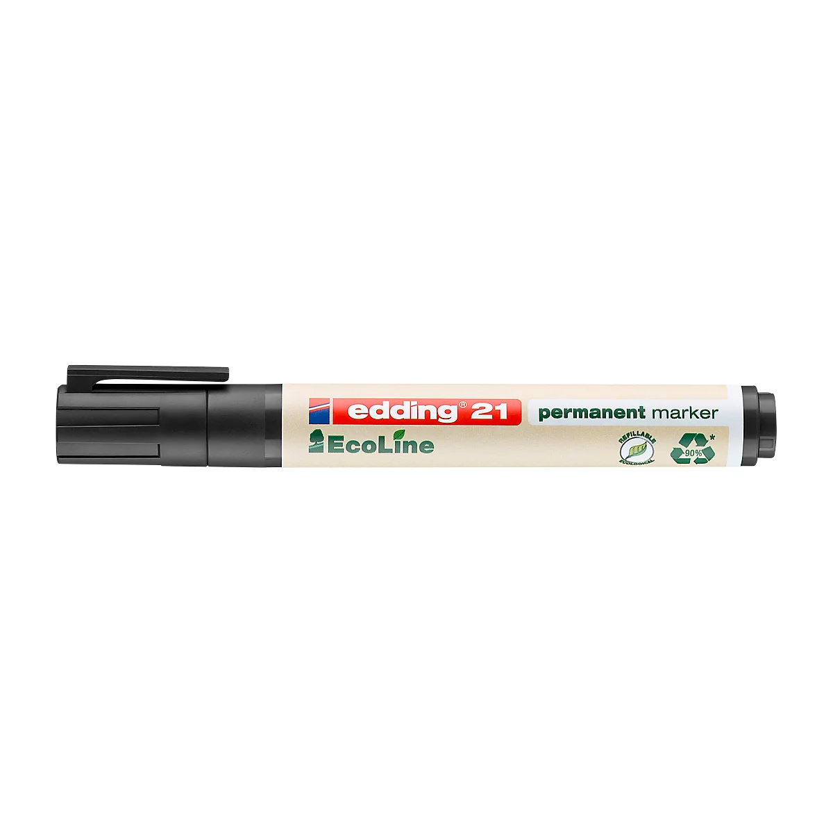 Ein schwarzer Edding 21 Permanentmarker mit rotem und grünem Logo und Schriftzug.