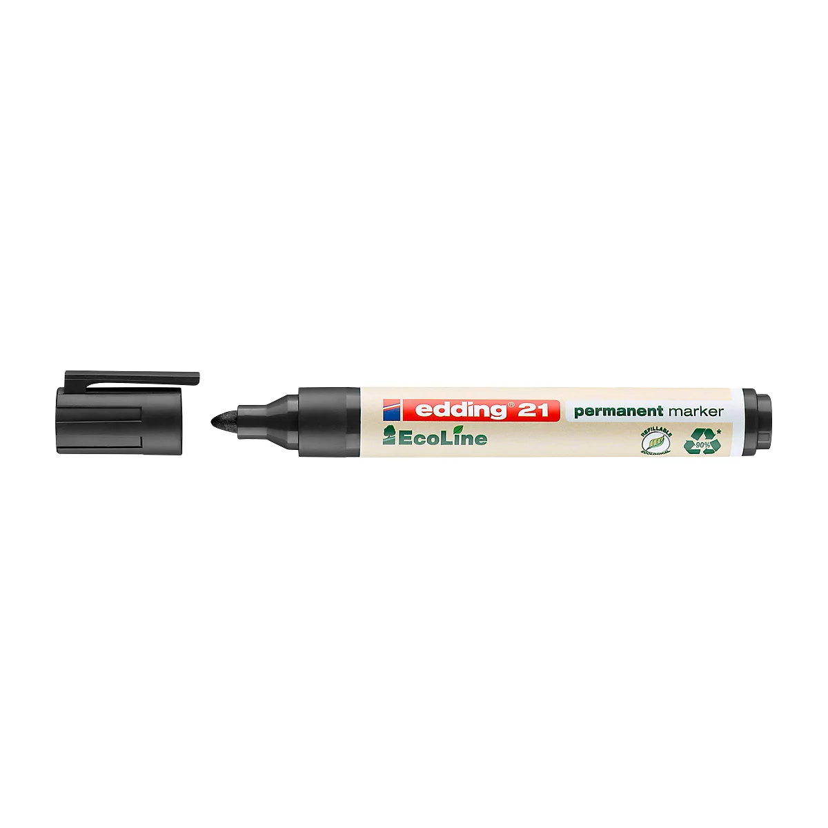 Schwarzer Edding Permanent Marker mit geöffneter Kappe; Aufschrift: "edding 21 permanent marker EcoLine".