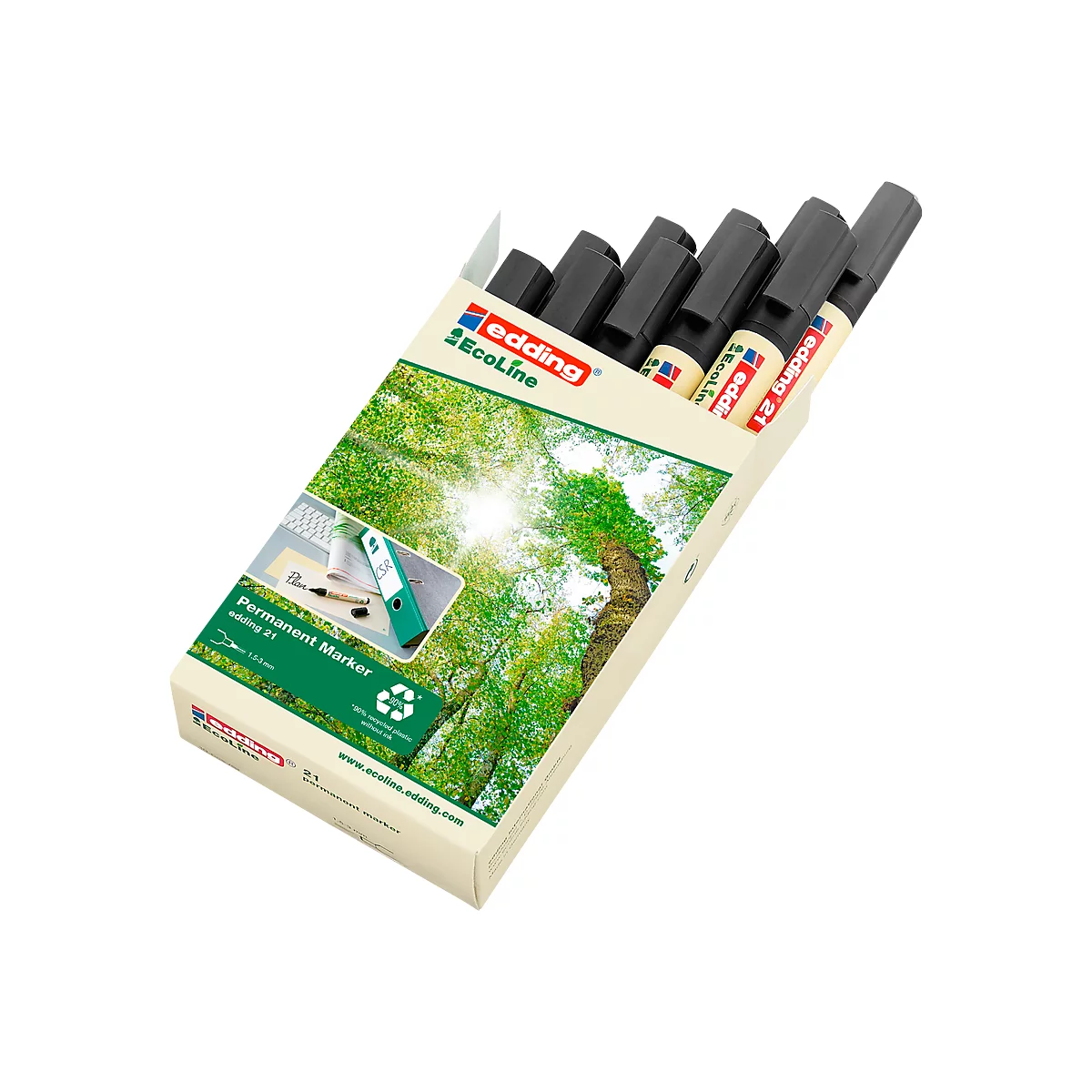 Eine Schachtel Edding EcoLine Permanent Marker. Schwarze Stifte mit schwarzer Kappe. Die Verpackung zeigt ein Waldmotiv.