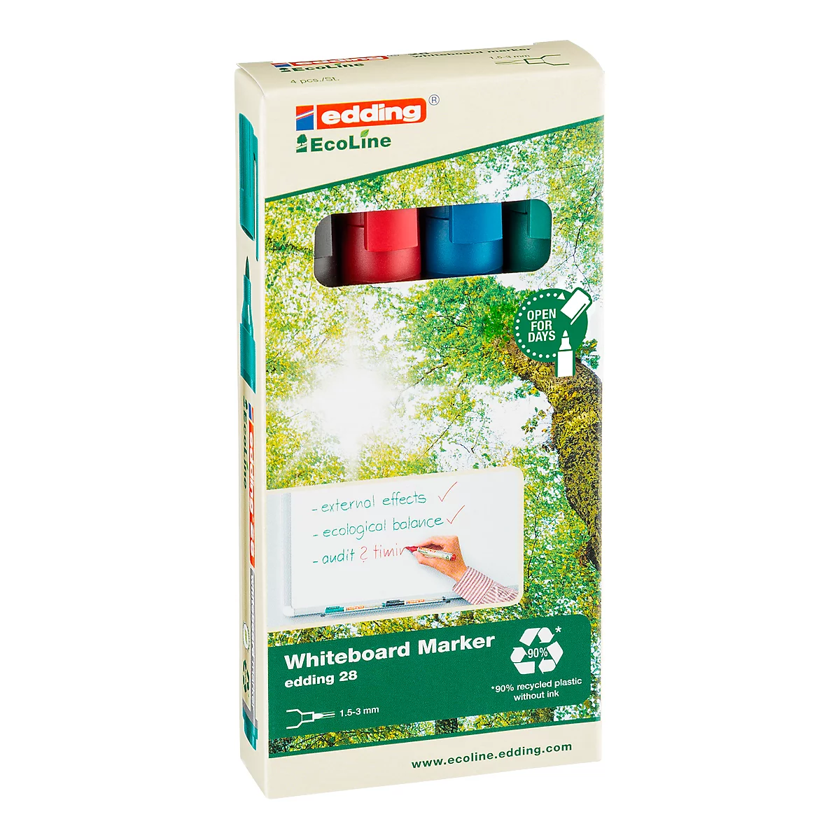 Weiße Tafelmarker in einer Schachtel. Oben sind die Farben sichtbar, darunter ein grüner Rahmen und ein Baum-Hintergrund. Eine Hand schreibt auf eine Tafel.