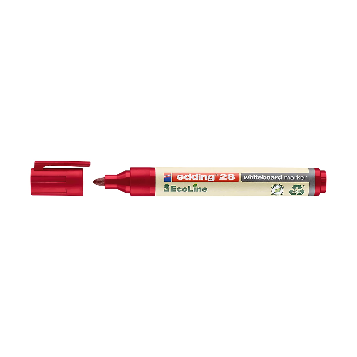 Roter Whiteboardmarker mit offener Kappe, Schriftzug Edding 28 EcoLine.