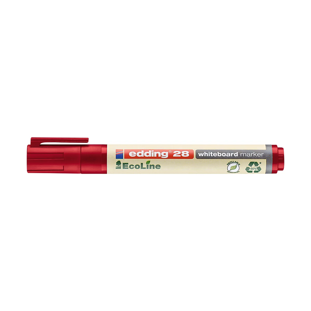 Ein roter Whiteboard-Marker von Edding mit Logo und Produktbezeichnung.