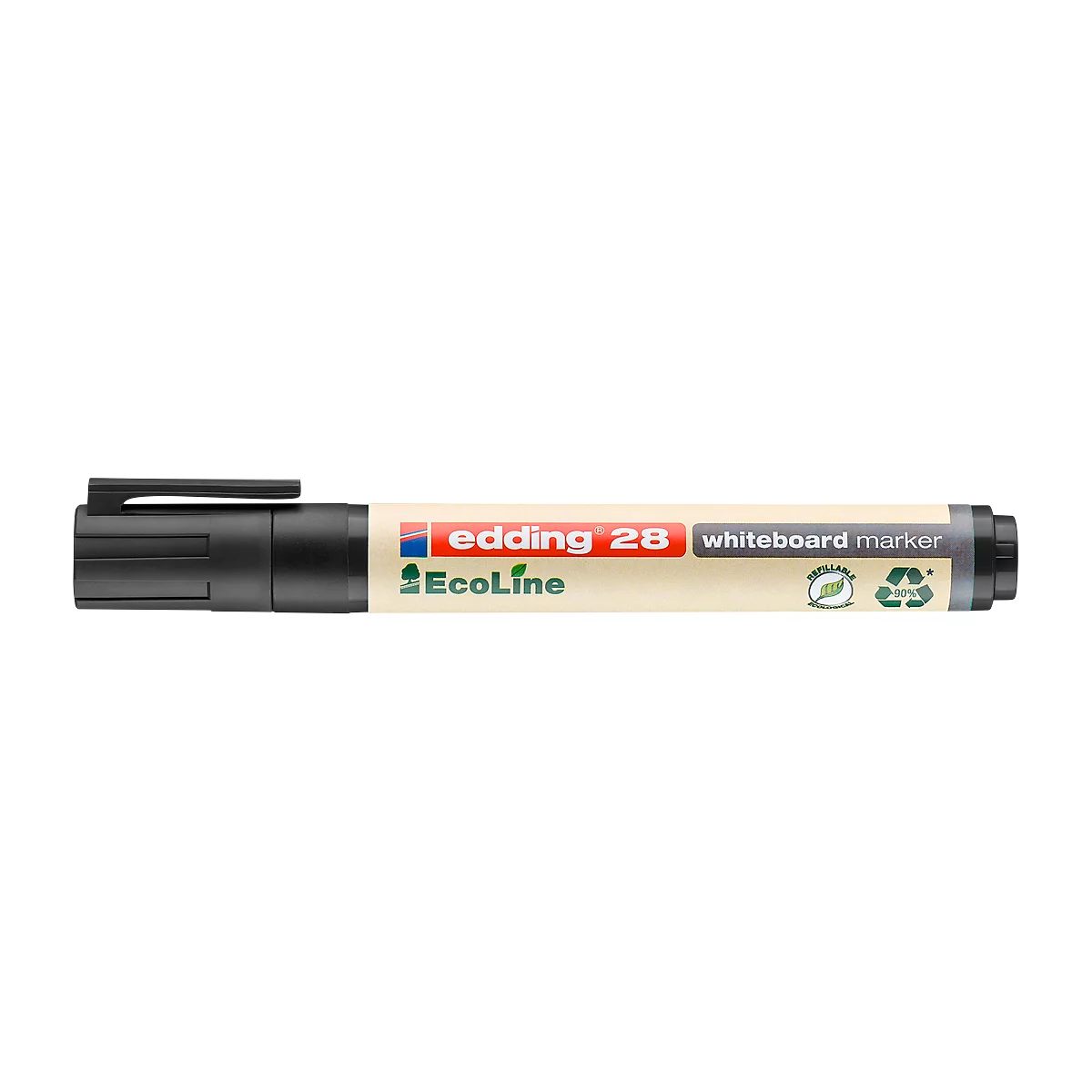 Nahaufnahme eines schwarzen Edding Whiteboard-Markers, mit rotem Streifen mit der Aufschrift "edding 28".