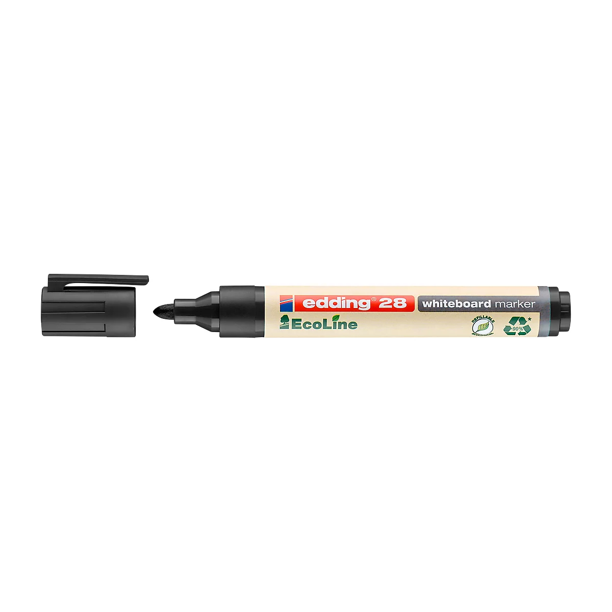 Ein schwarzer Edding Whiteboardmarker, die Kappe liegt daneben. Aufschrift: "edding 2B whiteboard marker Ecoline".